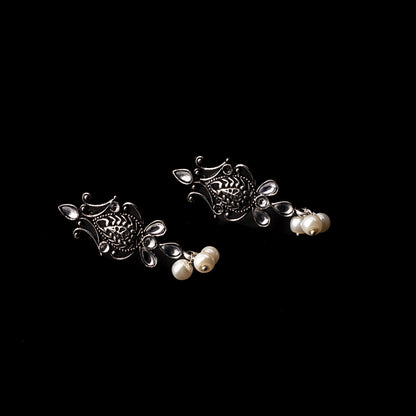 White Stone Studded Tiny Earrings With Hanging Pearls