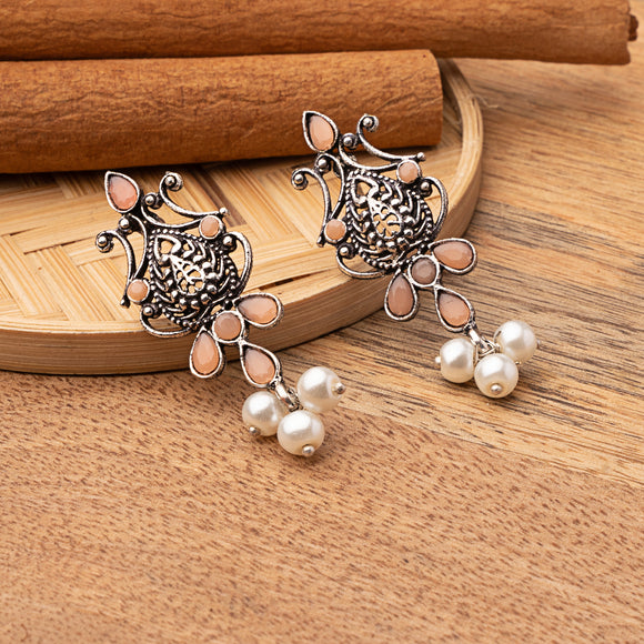 Light Orangish Stone Studded Tiny Earrings With Hanging Pearls