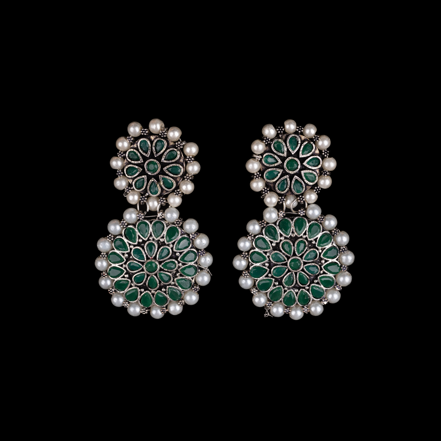 Green Stone Double Circle Statement Dangler Earrings