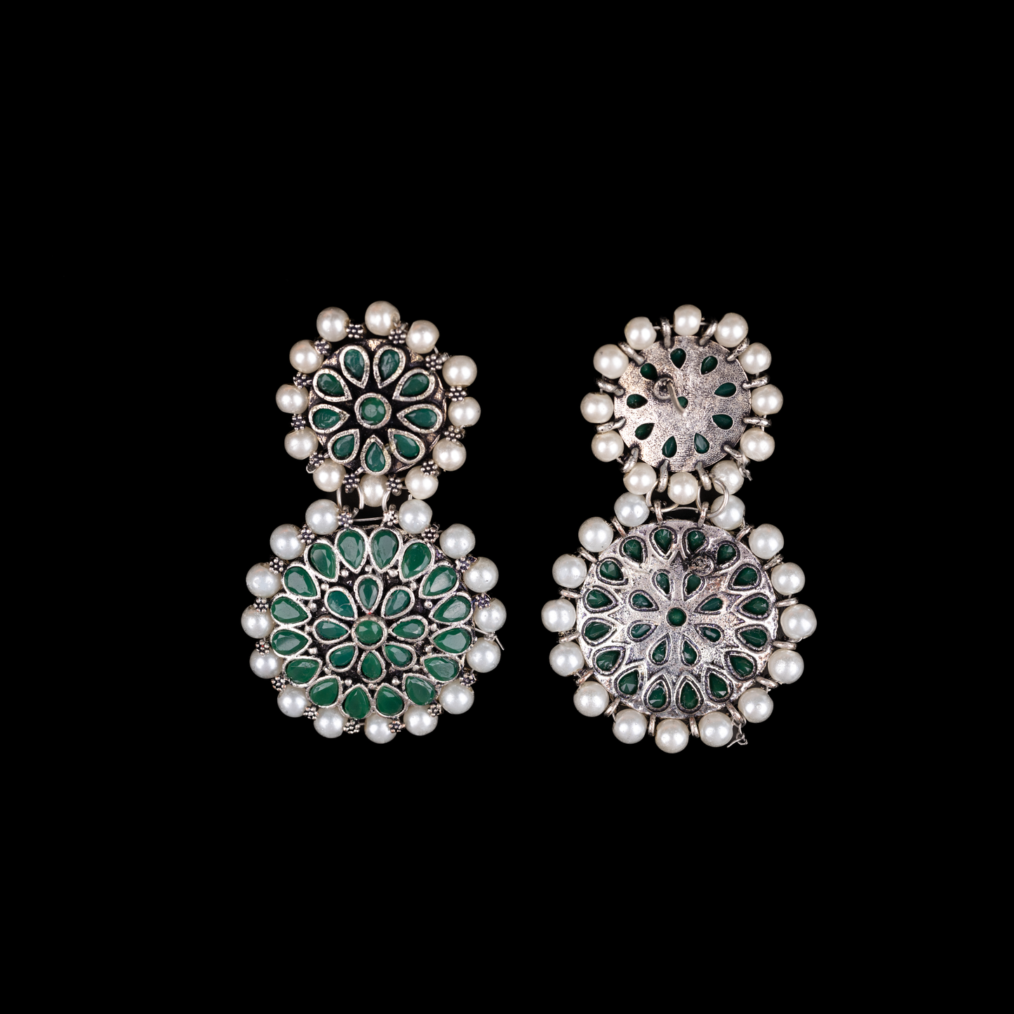 Green Stone Double Circle Statement Dangler Earrings