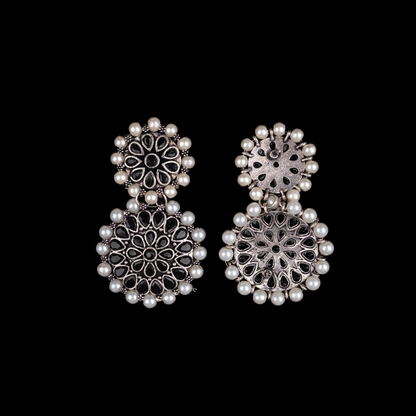 Black Stone Double Circle Statement Dangler Earrings