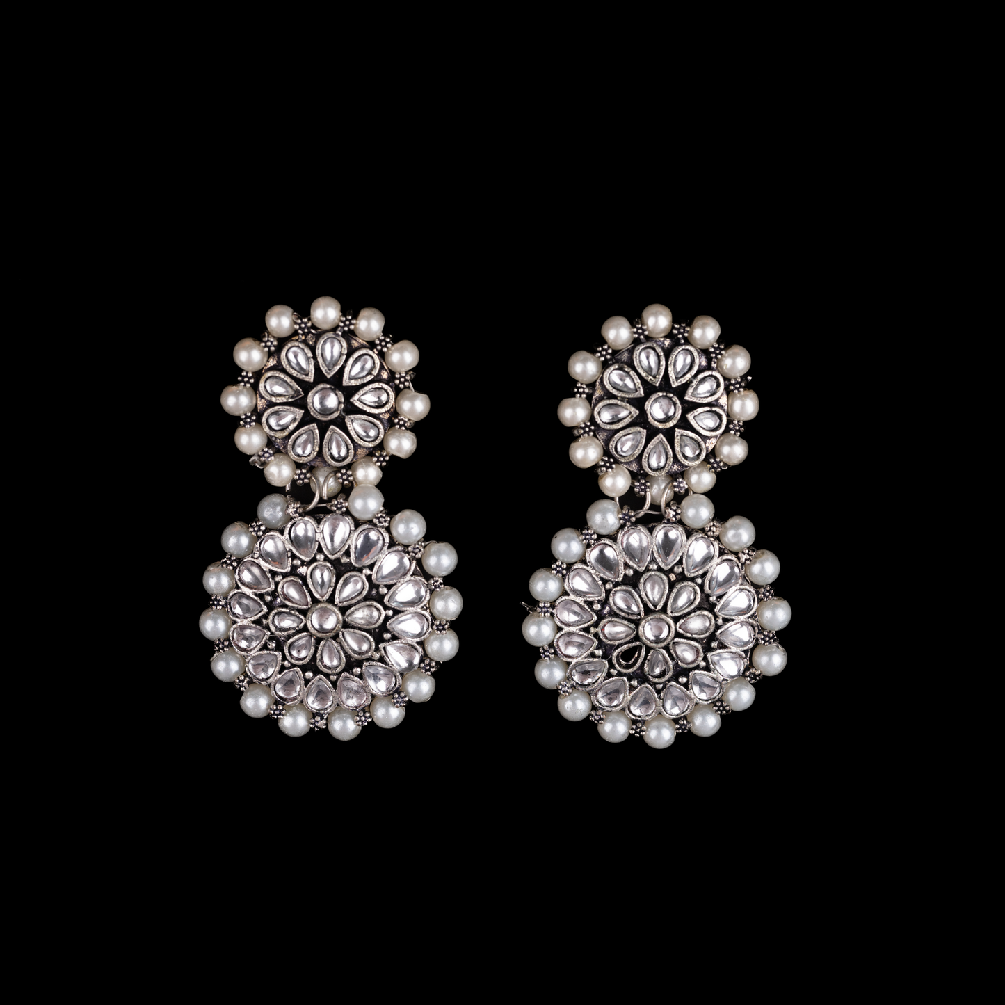 White Stone Double Circle Statement Dangler Earrings