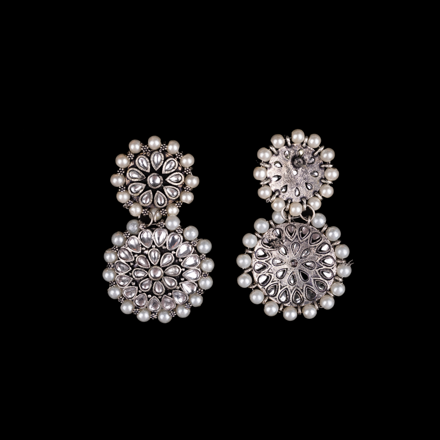White Stone Double Circle Statement Dangler Earrings