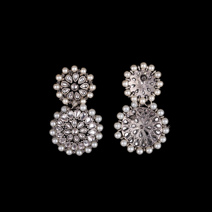 White Stone Double Circle Statement Dangler Earrings