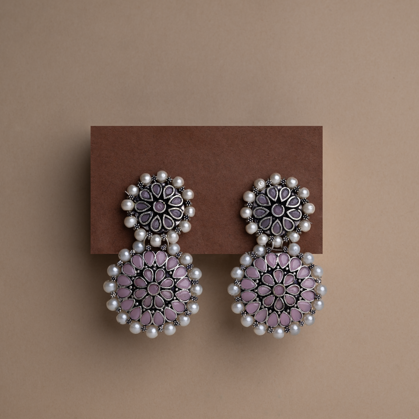 Baby Pink Stone Double Circle Statement Dangler Earrings