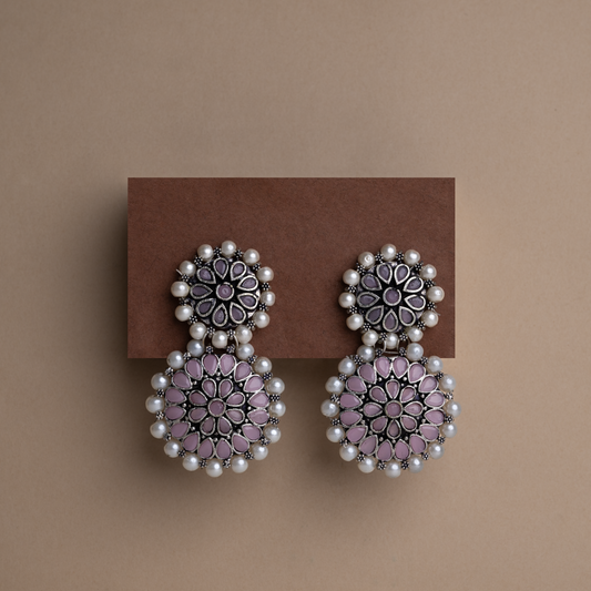 Baby Pink Stone Double Circle Statement Dangler Earrings