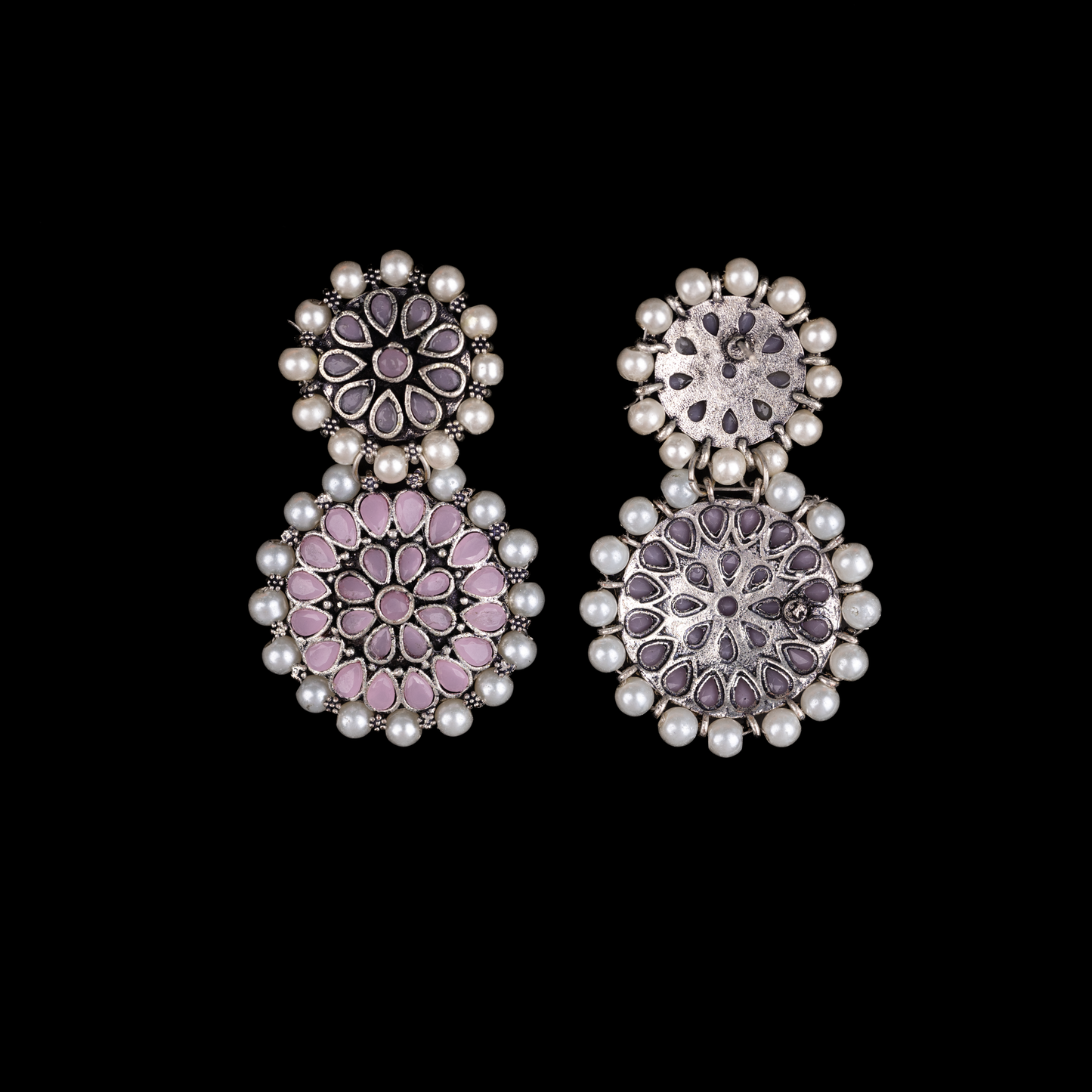 Baby Pink Stone Double Circle Statement Dangler Earrings