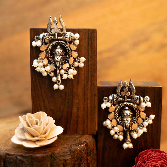 Light Orange Stone Studded Beautiful Ganesha Earrings With Hanging Baby Pearls