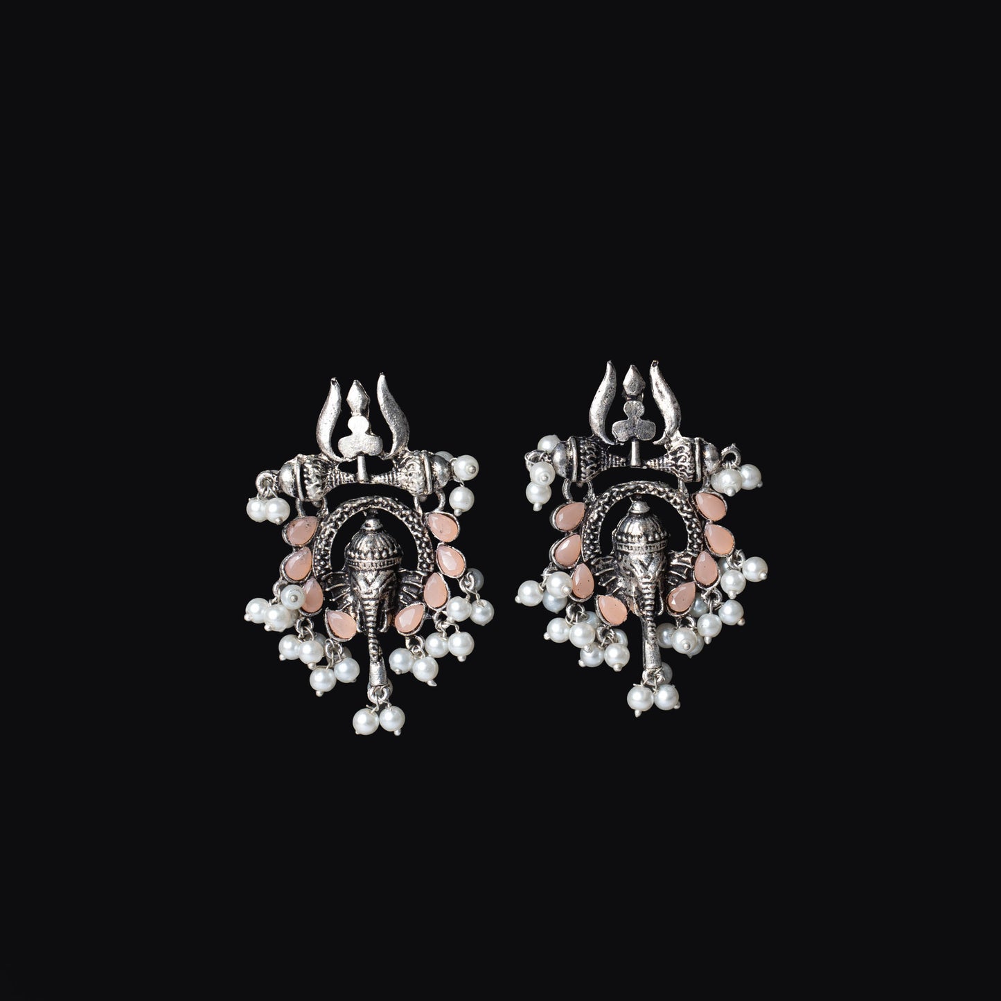 Light Orange Stone Studded Beautiful Ganesha Earrings With Hanging Baby Pearls