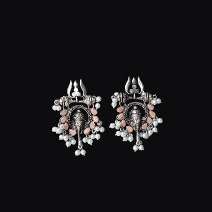 Light Orange Stone Studded Beautiful Ganesha Earrings With Hanging Baby Pearls