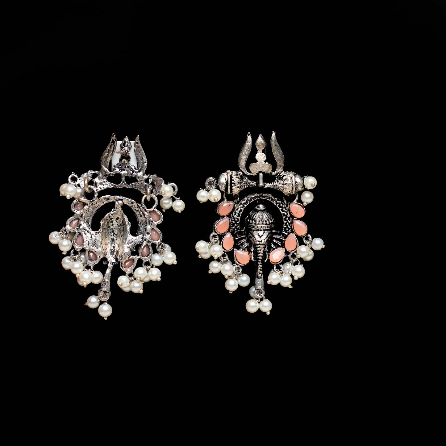Light Orange Stone Studded Beautiful Ganesha Earrings With Hanging Baby Pearls