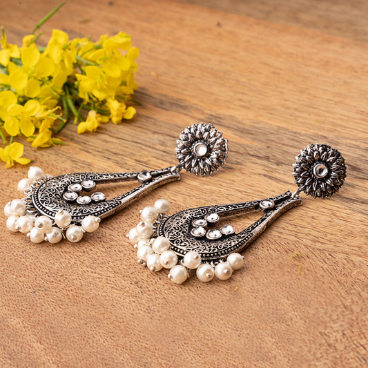 White Stone Studded Statement Earrings With Hanging Pearls