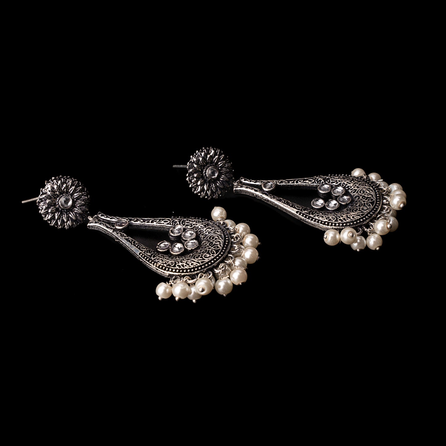 White Stone Studded Statement Earrings With Hanging Pearls