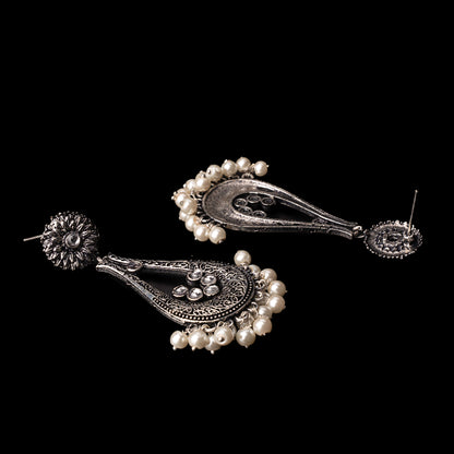 White Stone Studded Statement Earrings With Hanging Pearls