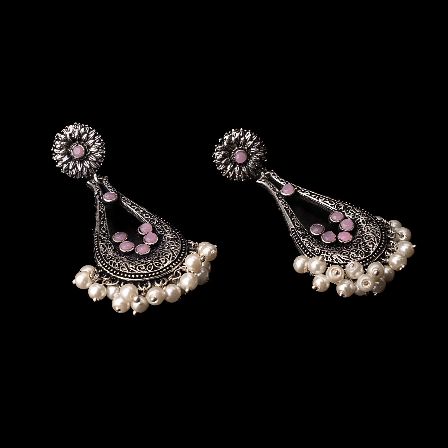 Baby Pink Stone Studded Statement Earrings With Hanging Pearls