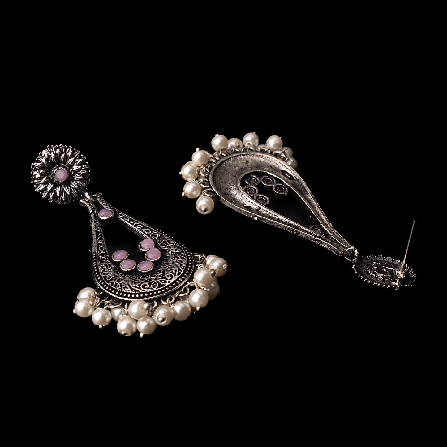 Baby Pink Stone Studded Statement Earrings With Hanging Pearls