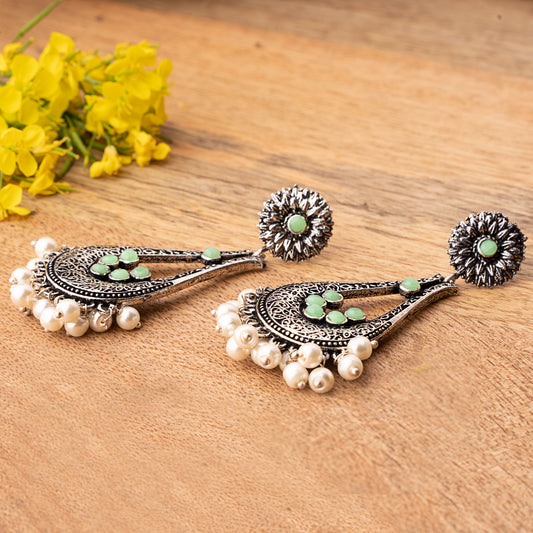 Pista Stone Studded Statement Earrings With Hanging Pearls