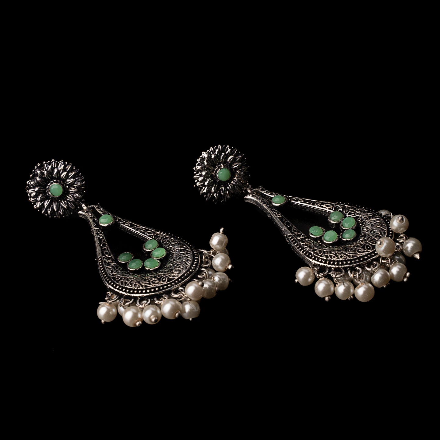 Pista Stone Studded Statement Earrings With Hanging Pearls