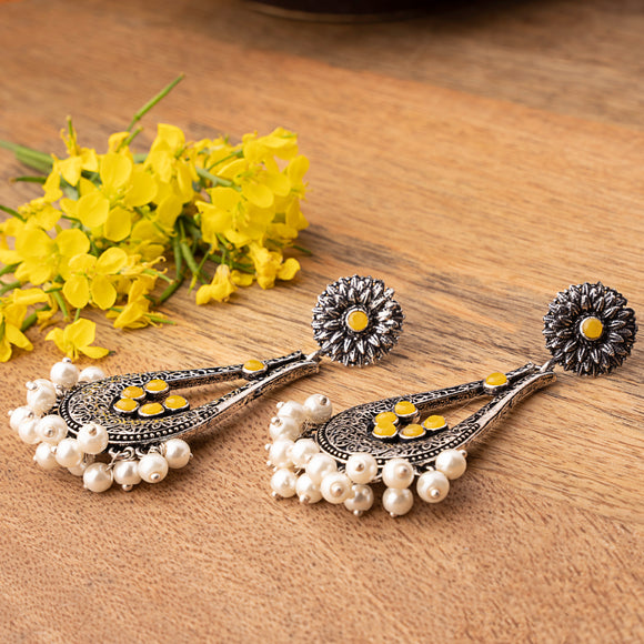 Yellow Stone Studded Statement Earrings With Hanging Pearls