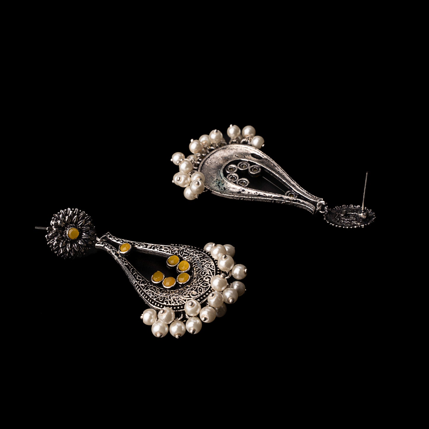 Yellow Stone Studded Statement Earrings With Hanging Pearls
