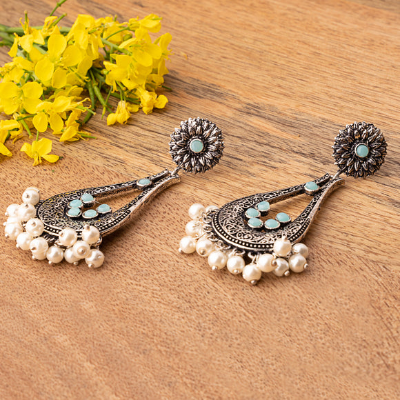 Mint Stone Studded Statement Earrings With Hanging Pearls