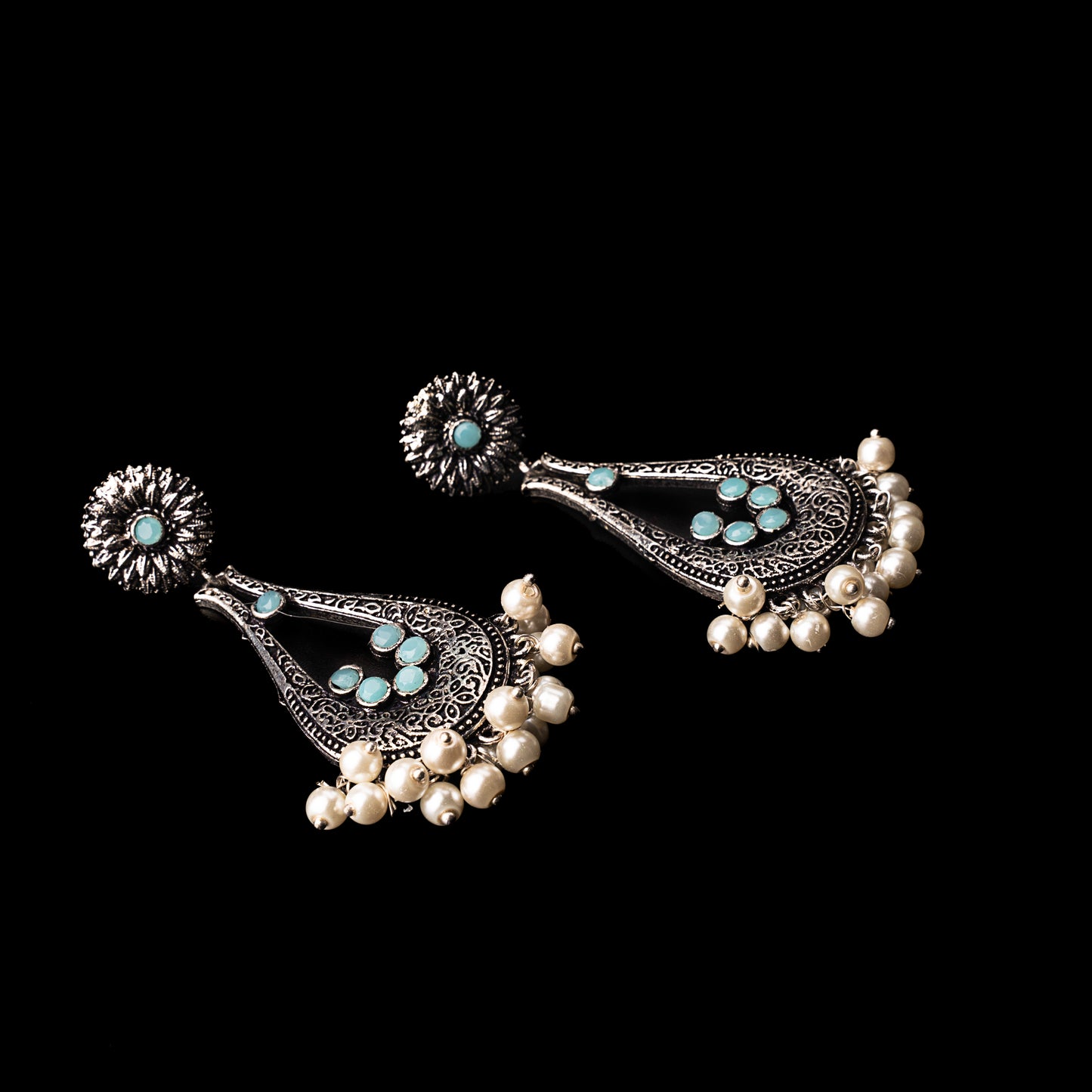 Mint Stone Studded Statement Earrings With Hanging Pearls