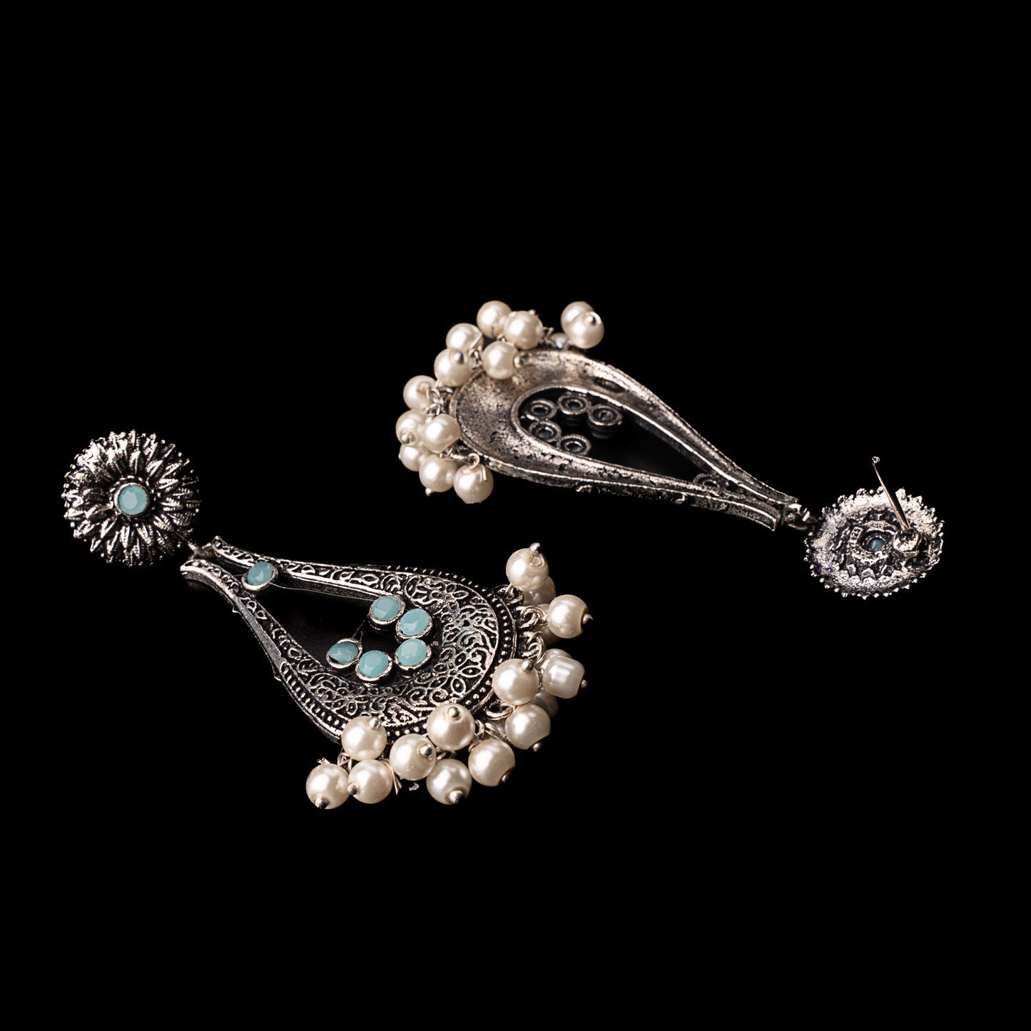 Mint Stone Studded Statement Earrings With Hanging Pearls