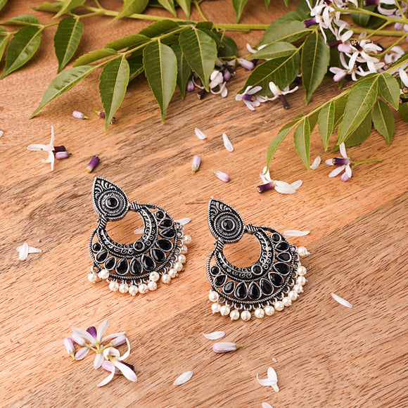 Black Stone Studded Oxidised Earrings With Hanging Pearls