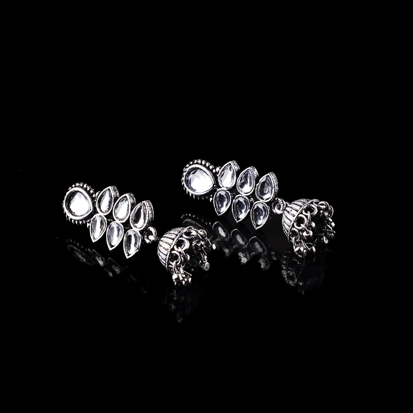 White Stone Studded Oxidised Earrings With Hanging Jhumki