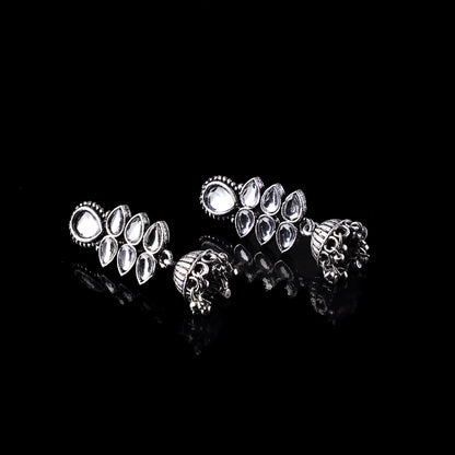 White Stone Studded Oxidised Earrings With Hanging Jhumki