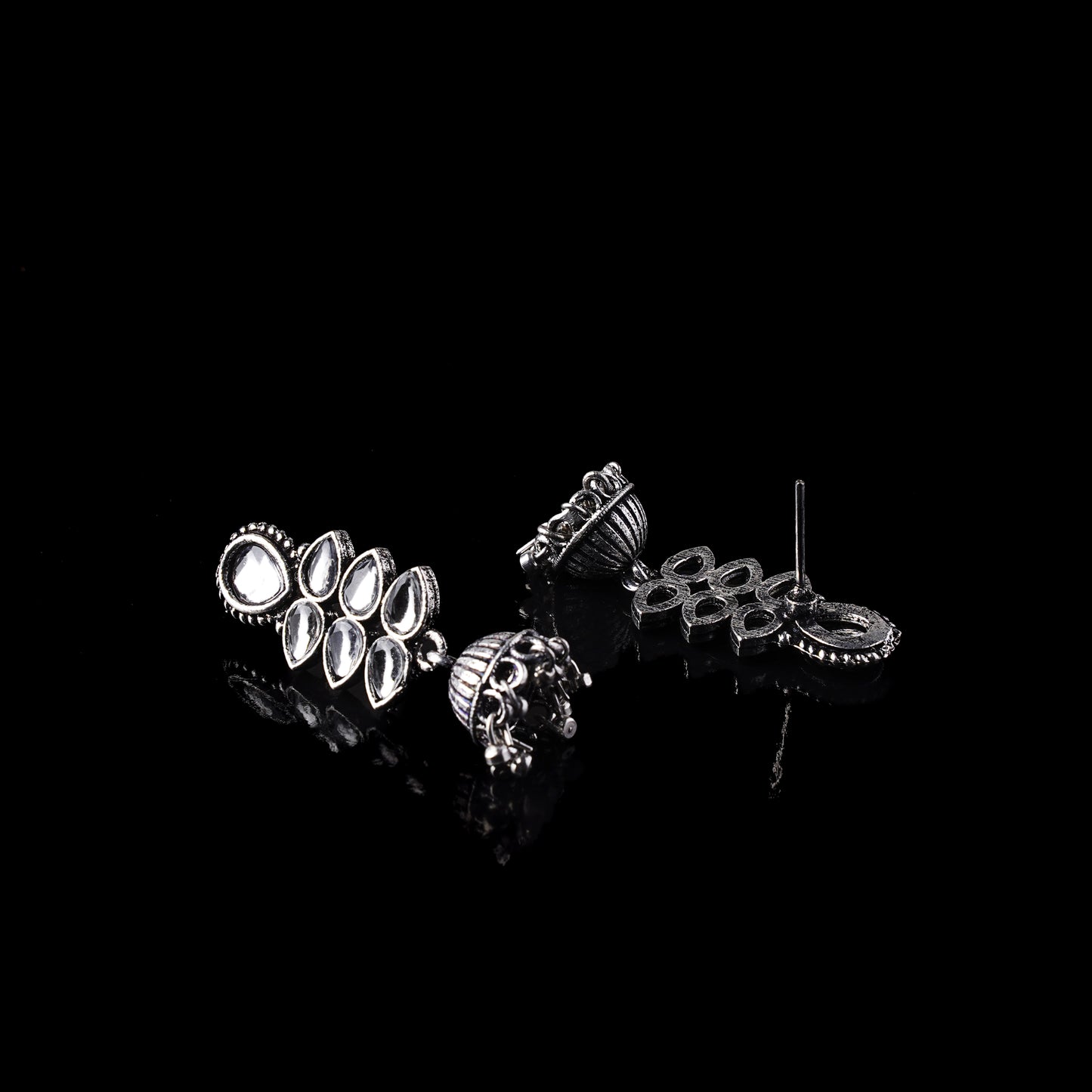 White Stone Studded Oxidised Earrings With Hanging Jhumki