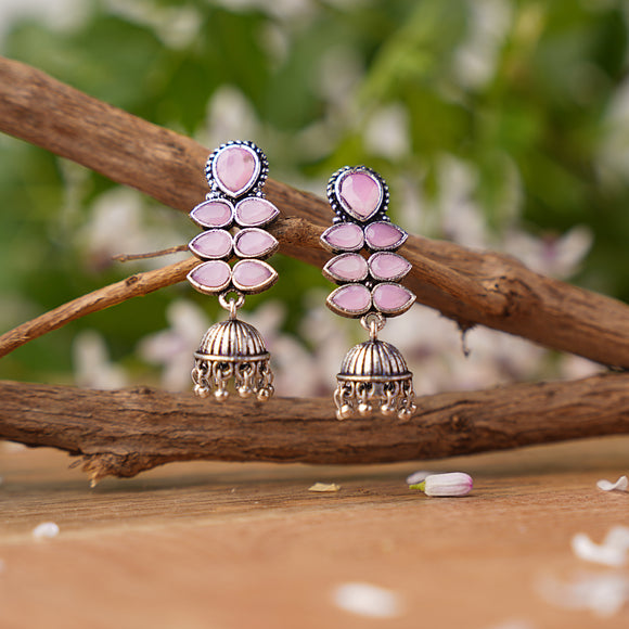 Baby Pink Stone Studded Oxidised Earrings With Hanging Jhumki