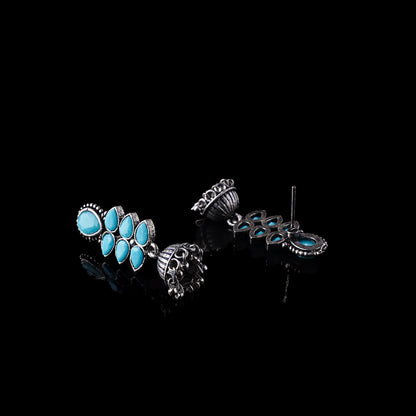 Sky Blue Stone Studded Oxidised Earrings With Hanging Jhumki