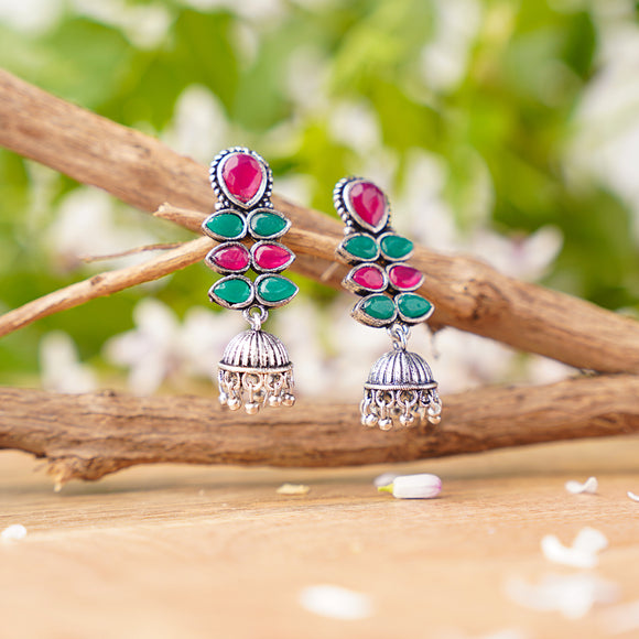 Multicolored Stone Studded Oxidised Earrings With Hanging Jhumki