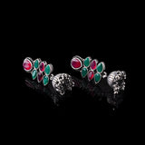 Multicolored Stone Studded Oxidised Earrings With Hanging Jhumki