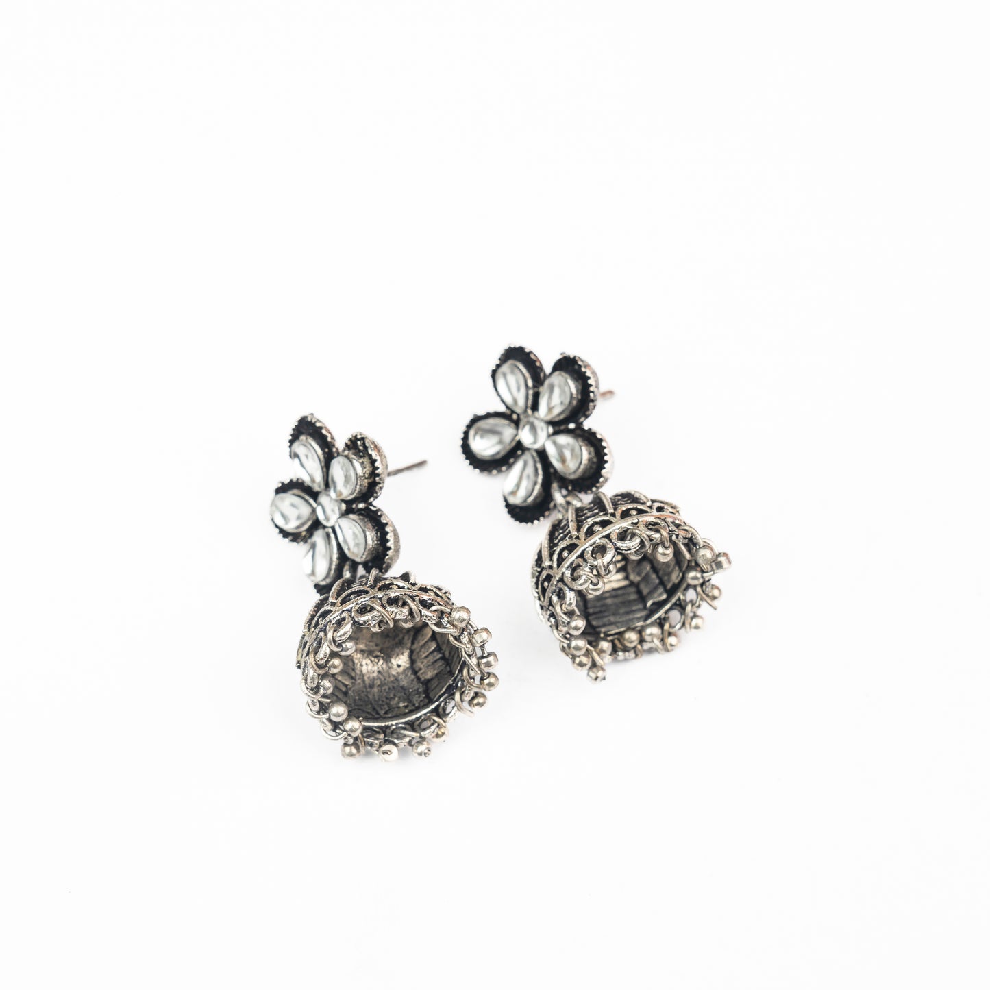 White Stone Studded Beautiful Oxidised Earrings With Hanging Jhumki