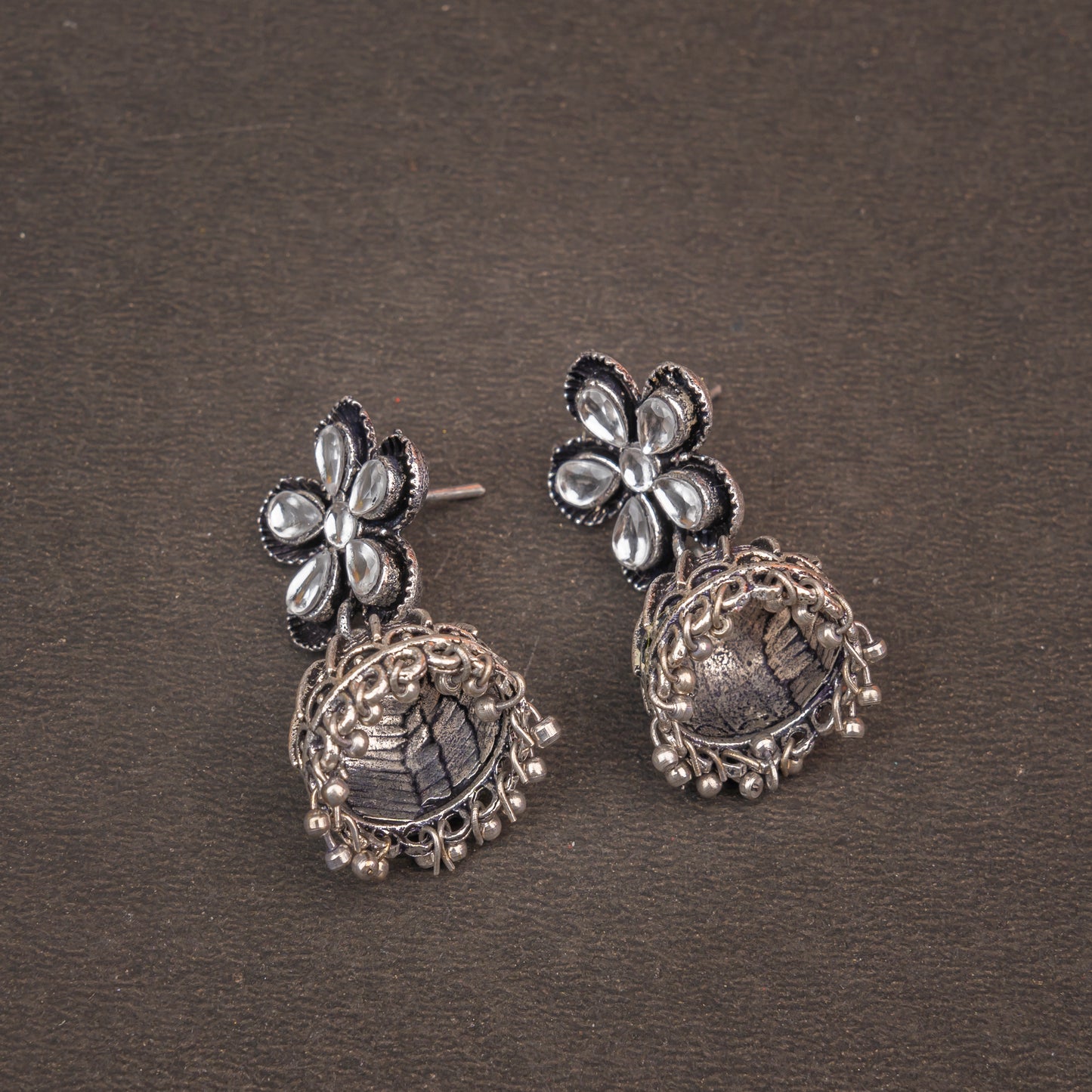 White Stone Studded Beautiful Oxidised Earrings With Hanging Jhumki