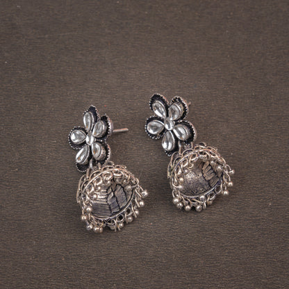White Stone Studded Beautiful Oxidised Earrings With Hanging Jhumki
