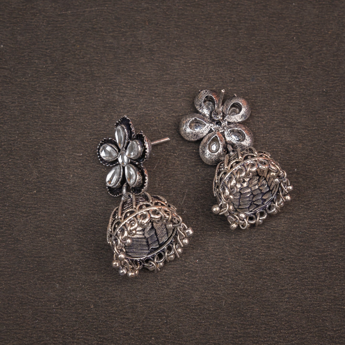 White Stone Studded Beautiful Oxidised Earrings With Hanging Jhumki