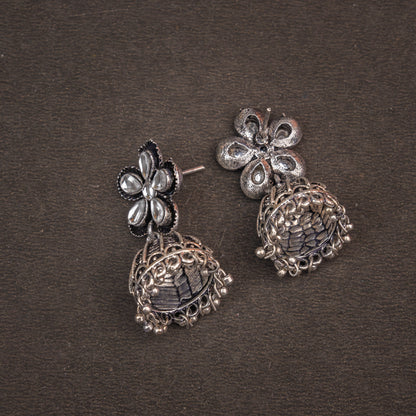 White Stone Studded Beautiful Oxidised Earrings With Hanging Jhumki