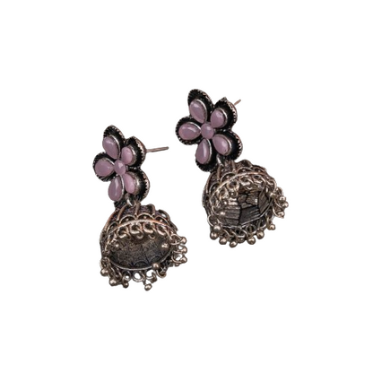 Baby Pink Stone Studded Beautiful Oxidised Earrings With Hanging Jhumki