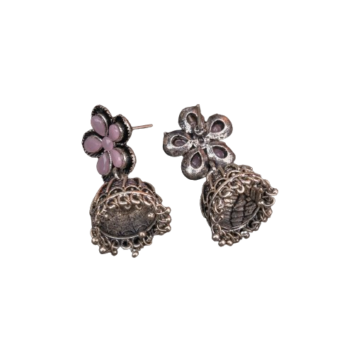 Baby Pink Stone Studded Beautiful Oxidised Earrings With Hanging Jhumki