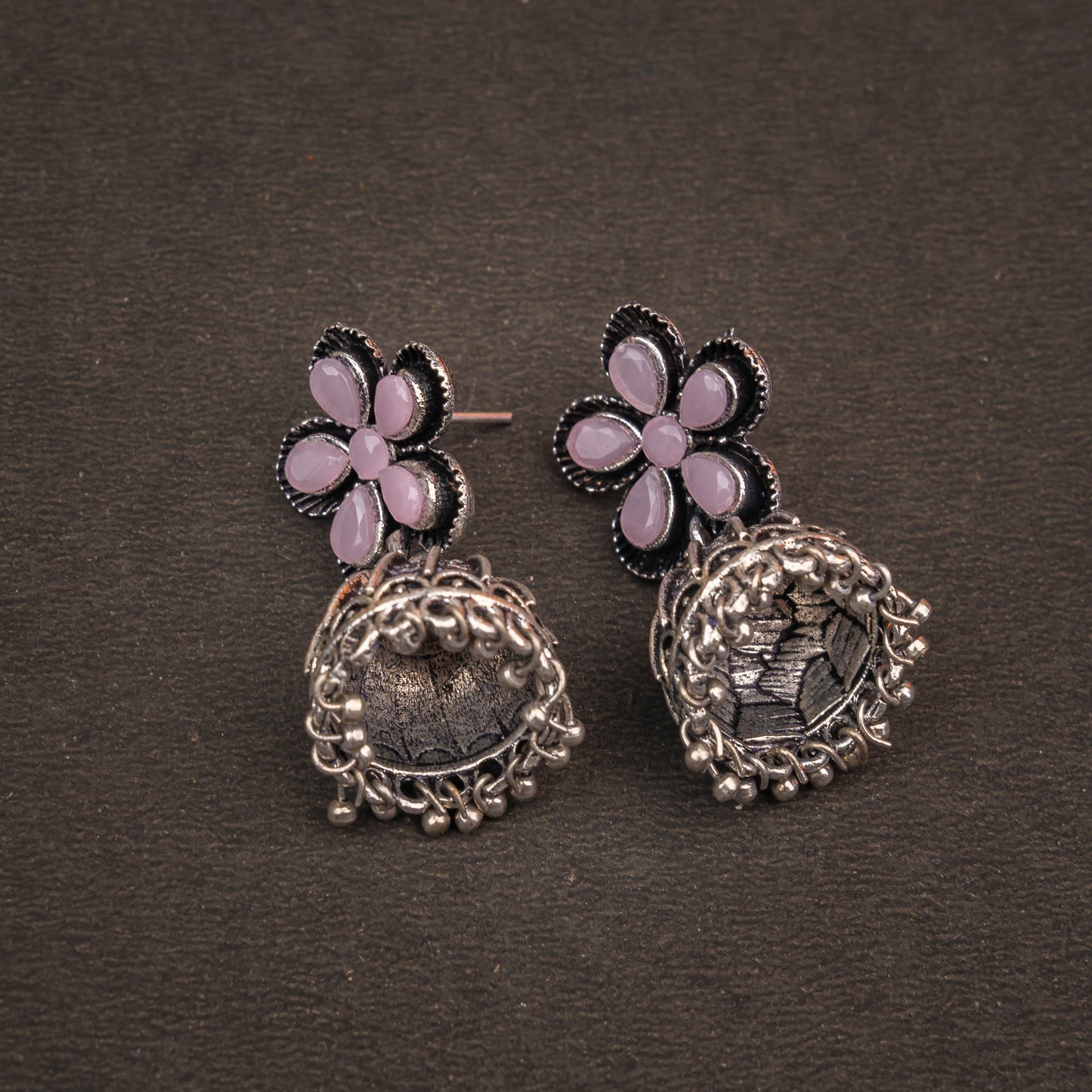 Baby Pink Stone Studded Beautiful Oxidised Earrings With Hanging Jhumki