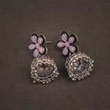 Baby Pink Stone Studded Beautiful Oxidised Earrings With Hanging Jhumki