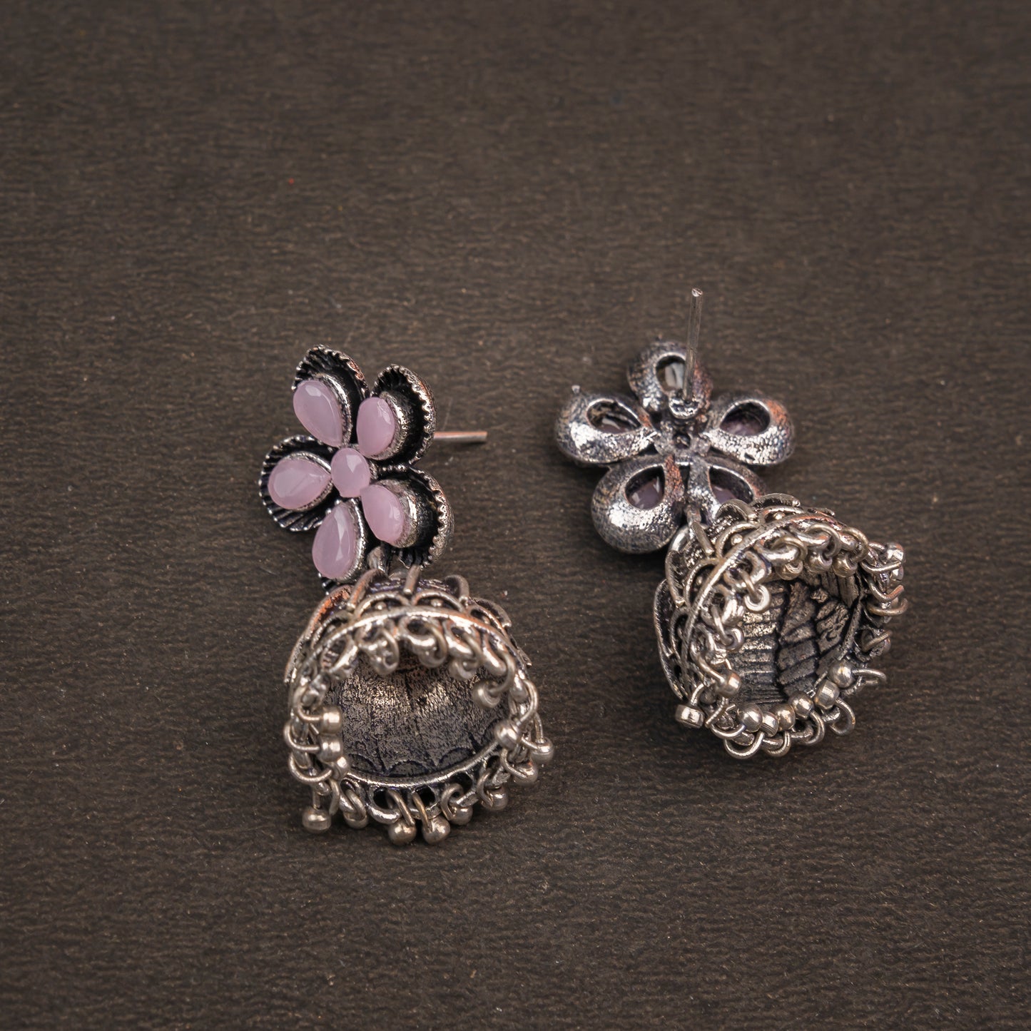 Baby Pink Stone Studded Beautiful Oxidised Earrings With Hanging Jhumki
