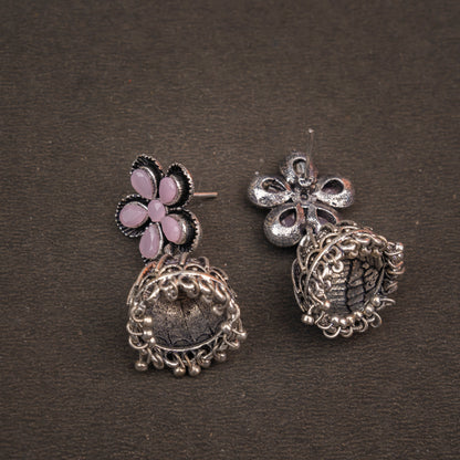 Baby Pink Stone Studded Beautiful Oxidised Earrings With Hanging Jhumki