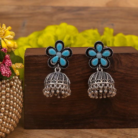 Sky Blue Stone Studded Beautiful Oxidised Earrings With Hanging Jhumki