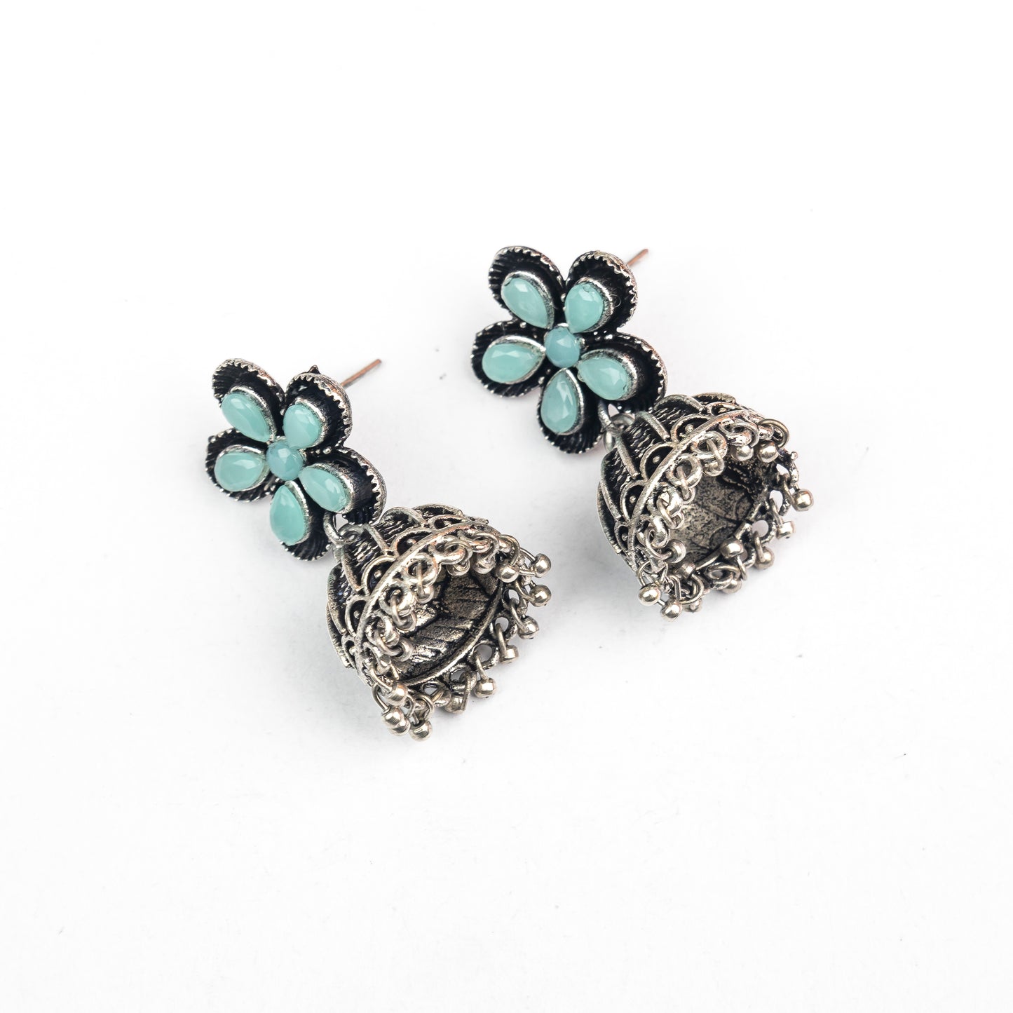 Mint Stone Studded Beautiful Oxidised Earrings With Hanging Jhumki