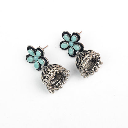 Mint Stone Studded Beautiful Oxidised Earrings With Hanging Jhumki