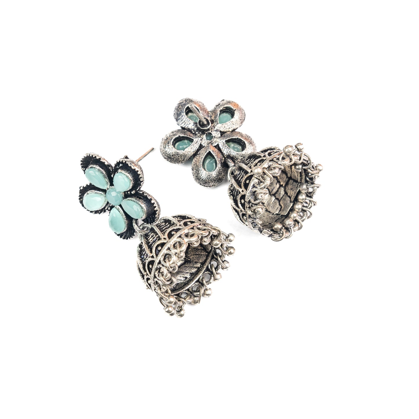 Mint Stone Studded Beautiful Oxidised Earrings With Hanging Jhumki